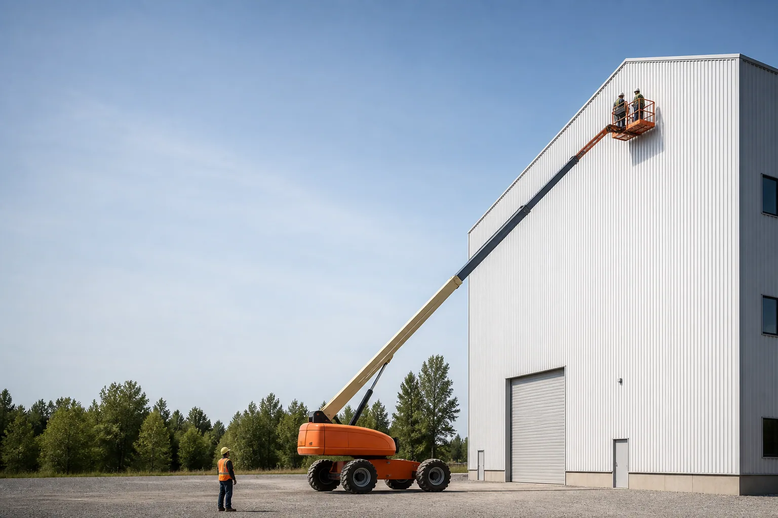 Une nacelle télescopique de 20 mètres atteint le haut du pignon d’un bâtiment industriel.