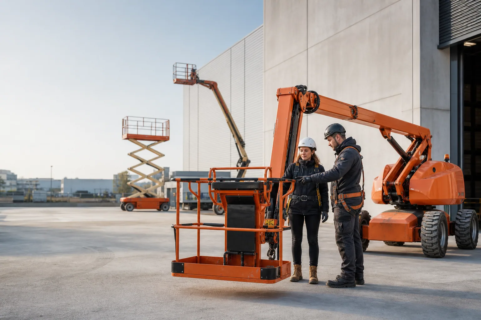 Une cheffe de chantier et un opérateur contrôlent une nacelle articulée orange sur un parc de location.