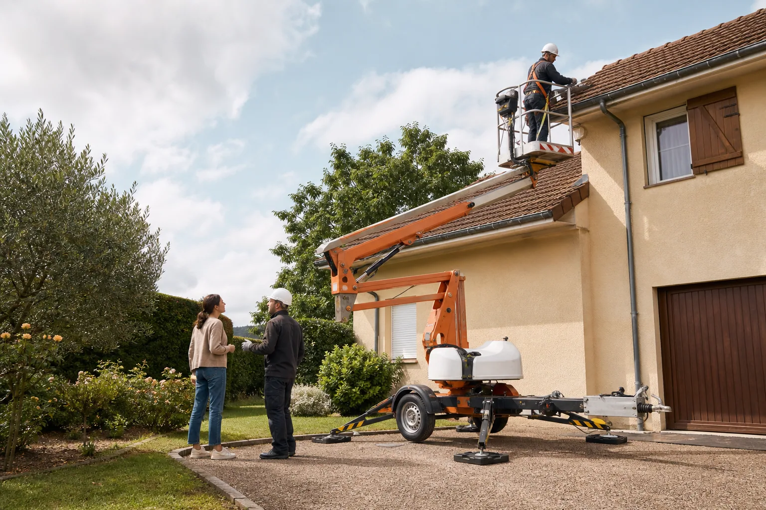 Un opérateur inspecte la gouttière d’une maison depuis une nacelle sur remorque pendant le briefing au sol.