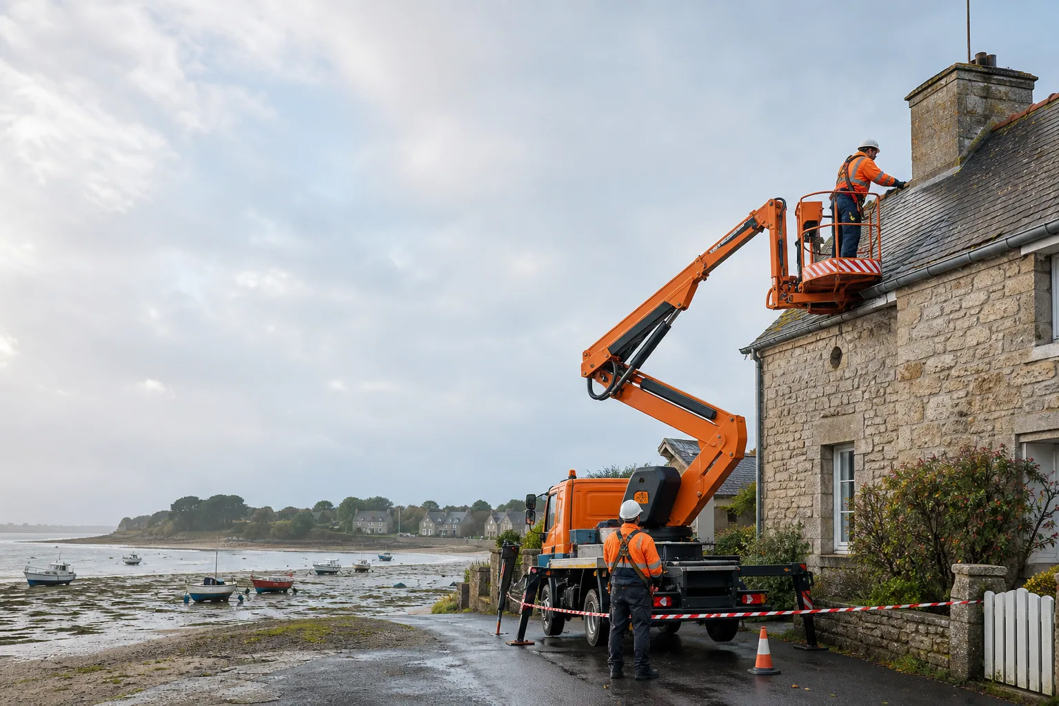 Un camion nacelle intervient sur une maison de granit près d’un petit port breton à marée basse.
