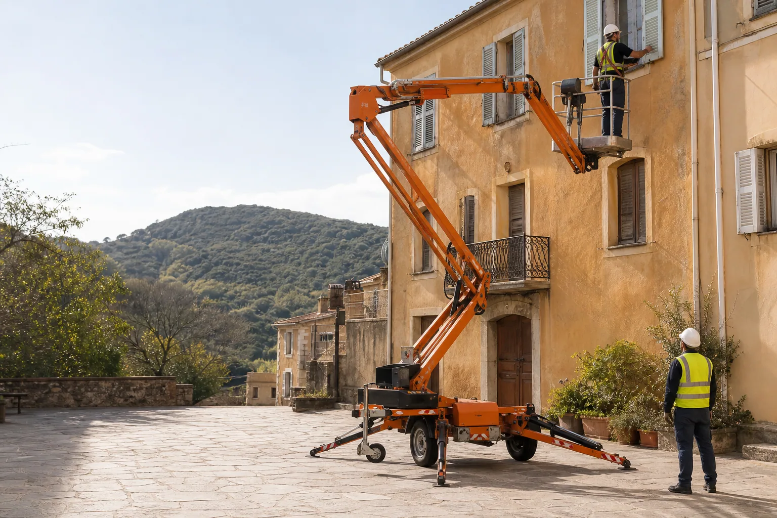 Une nacelle sur remorque est stabilisée dans une ruelle corse bordée de façades ocre, avec le maquis sur les hauteurs.