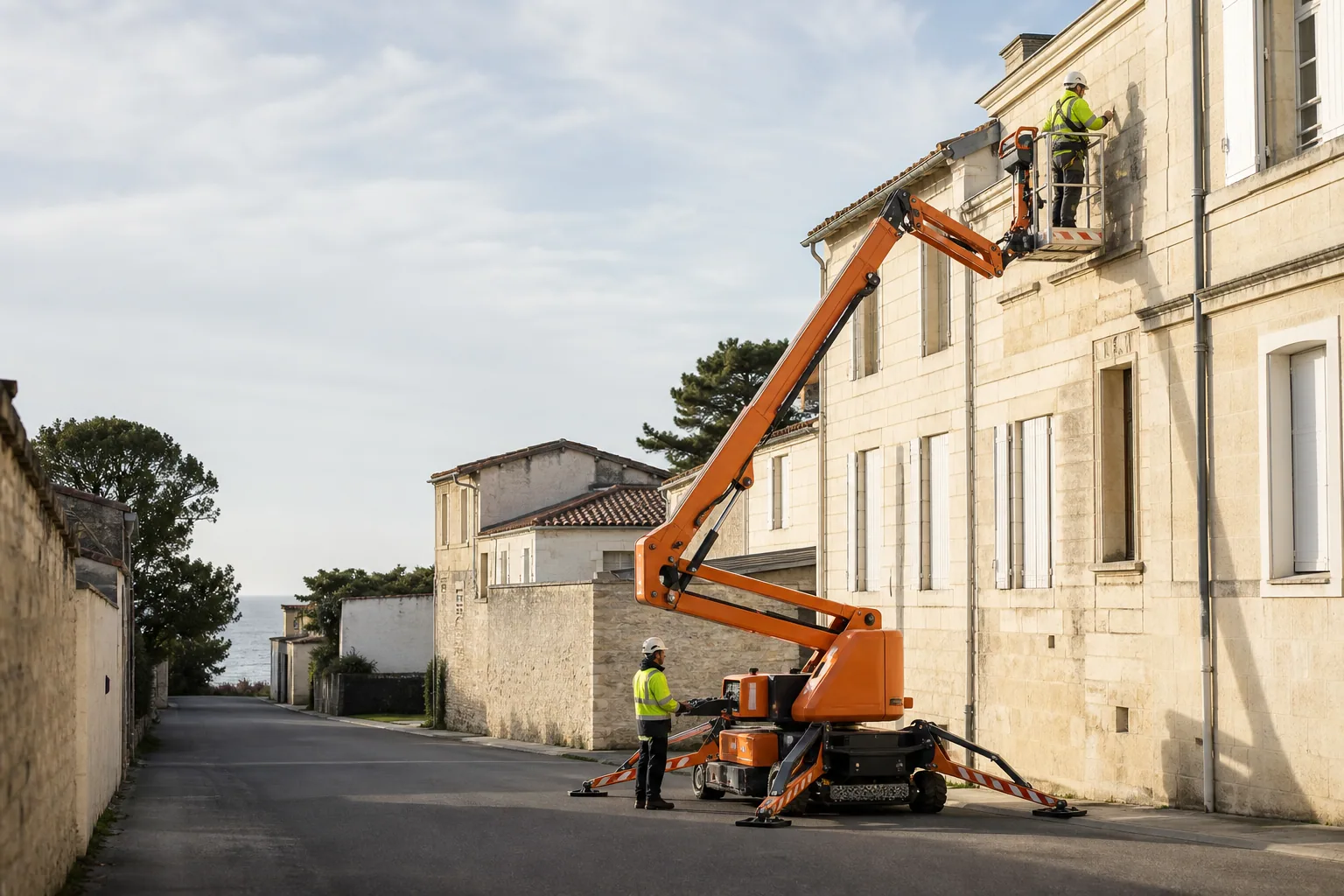 Une nacelle articulée intervient sur une façade en pierre blonde dans une rue de Nouvelle-Aquitaine.