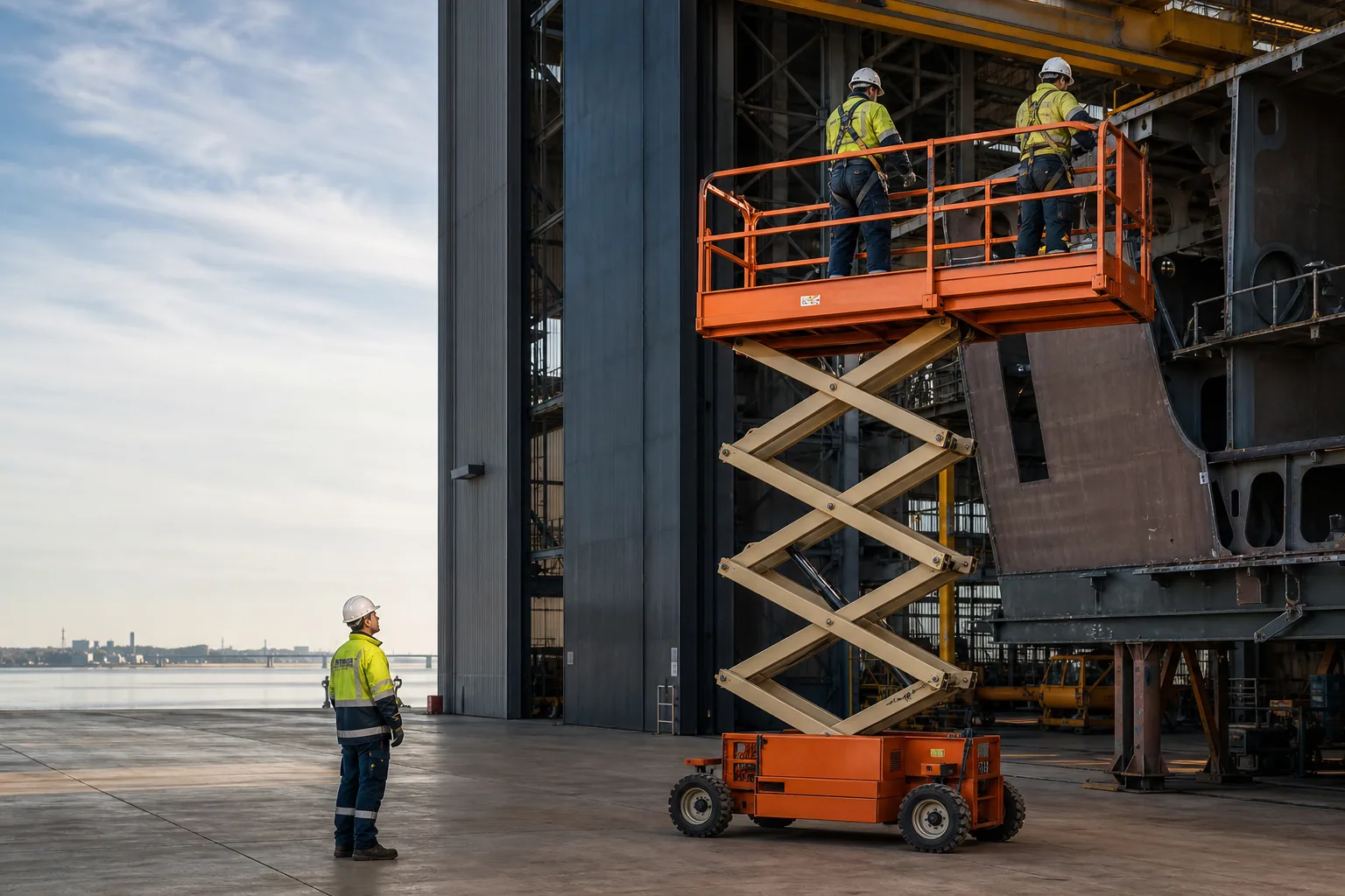 Une nacelle ciseaux élève deux techniciens dans un vaste atelier de construction navale près d’un estuaire.