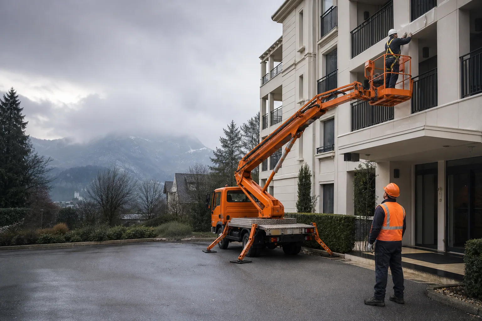 Une nacelle élévatrice orange intervient sur un bâtiment avec un technicien dans le panier et un opérateur au sol, dans le secteur de Aix-les-Bains.