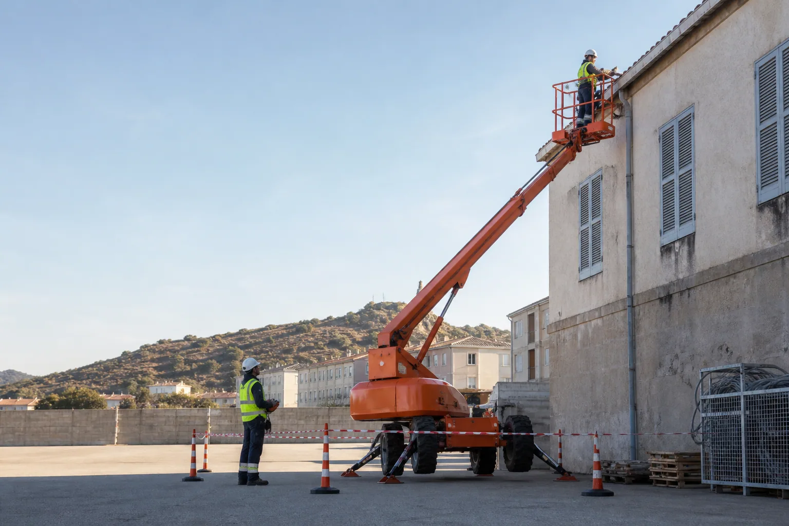 Une nacelle élévatrice orange intervient sur un bâtiment avec un technicien dans le panier et un opérateur au sol, dans le secteur de Ajaccio.