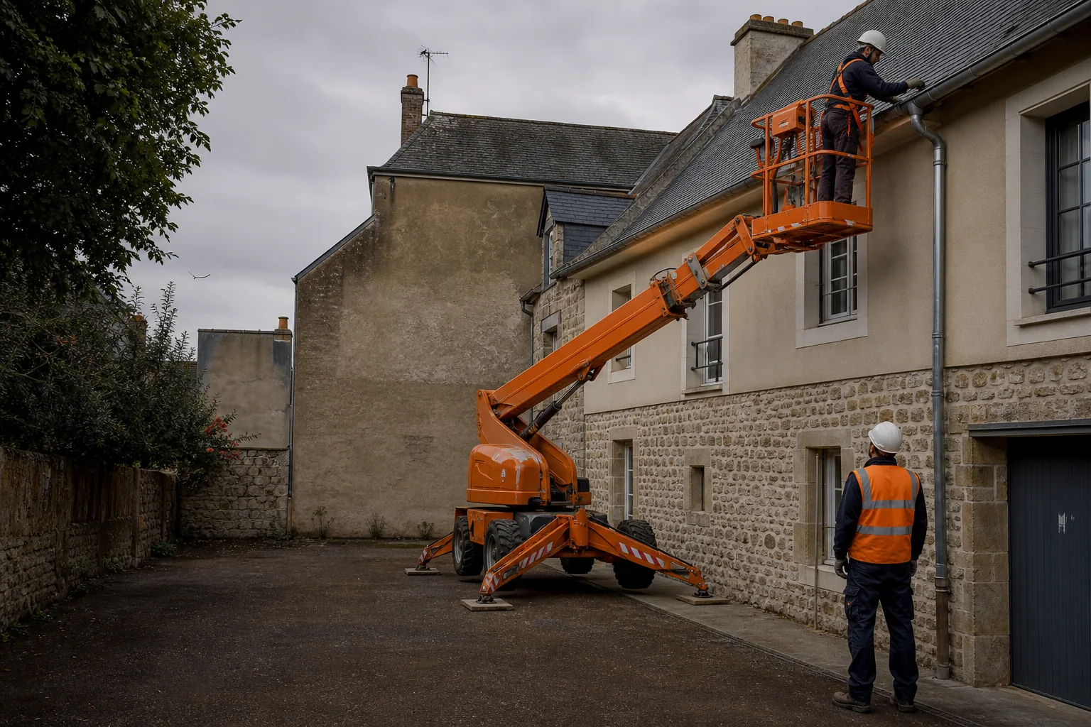 Une nacelle élévatrice orange intervient sur un bâtiment avec un technicien dans le panier et un opérateur au sol, dans le secteur de Alençon.