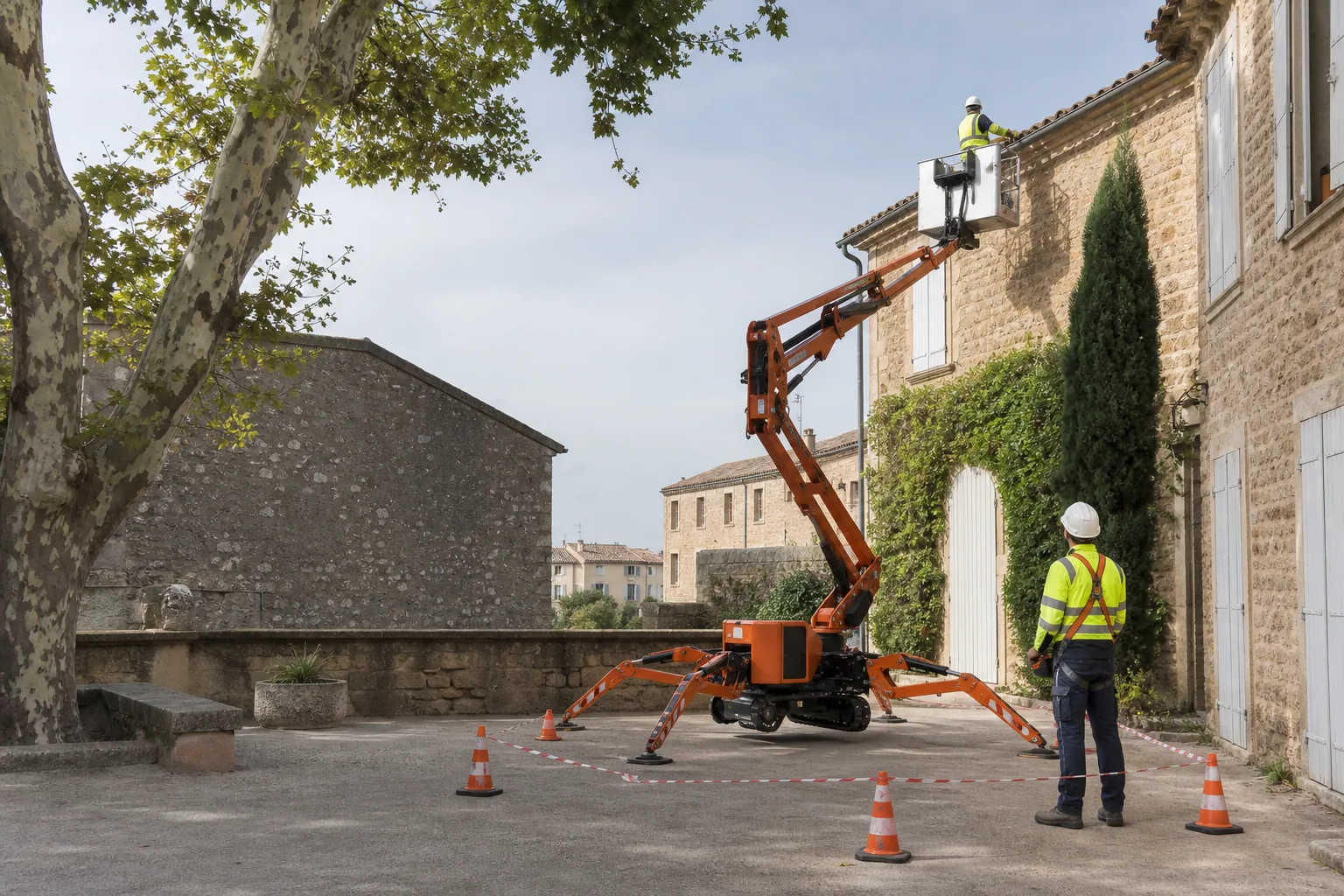 Une nacelle élévatrice orange intervient sur un bâtiment avec un technicien dans le panier et un opérateur au sol, dans le secteur de Alès.