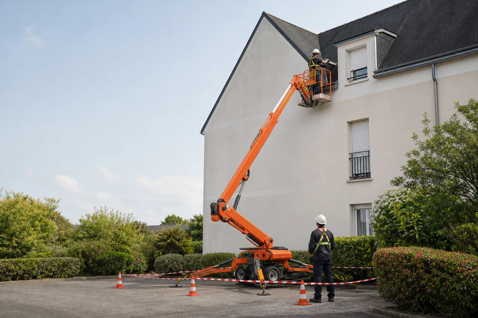 Une nacelle élévatrice orange intervient sur un bâtiment avec un technicien dans le panier et un opérateur au sol, dans le secteur de Angers.