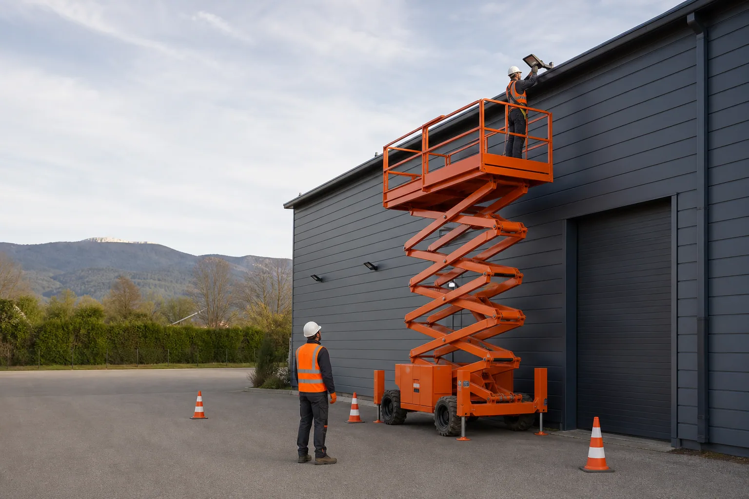Une nacelle élévatrice orange intervient sur un bâtiment avec un technicien dans le panier et un opérateur au sol, dans le secteur de Annemasse.