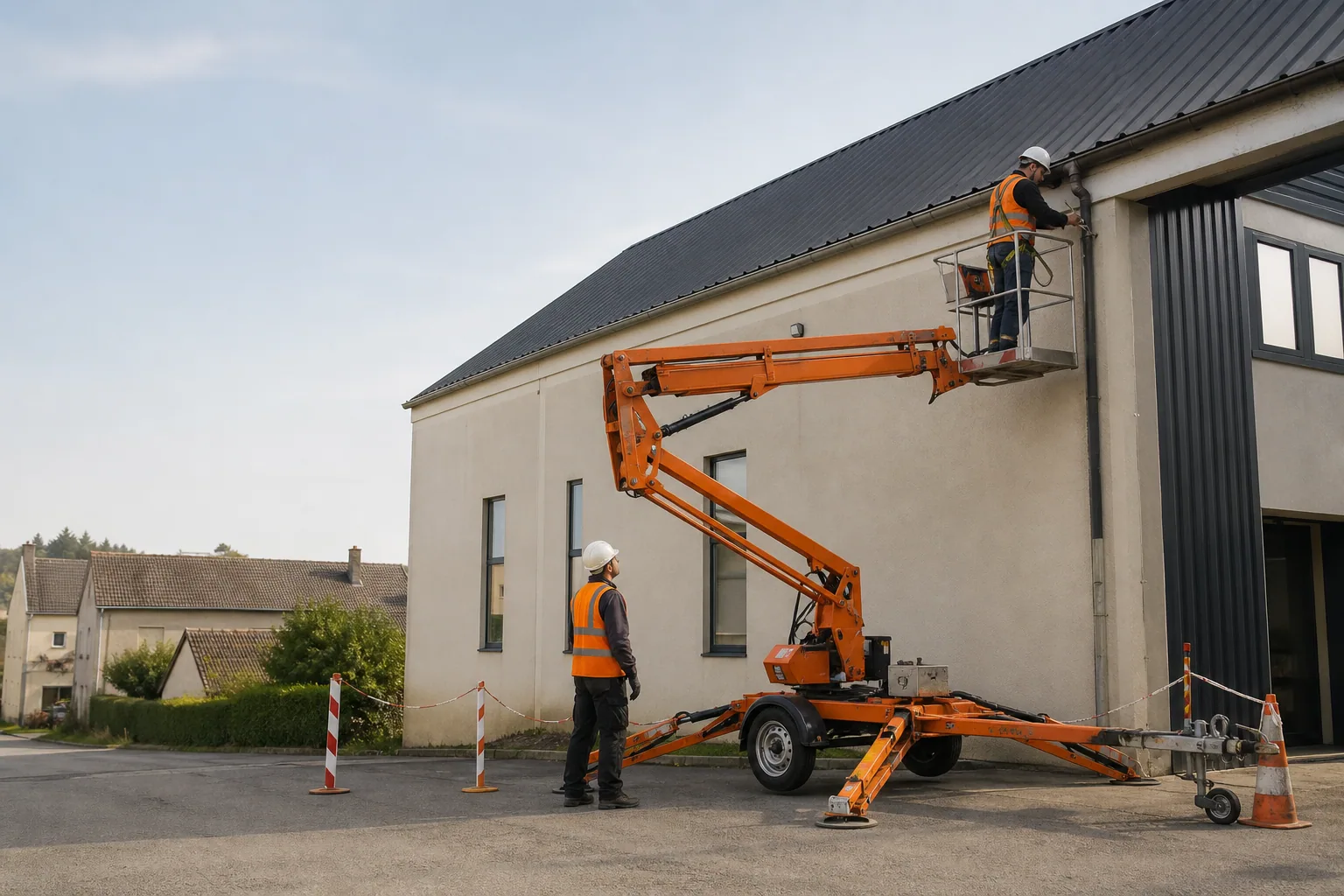 Une nacelle élévatrice orange intervient sur un bâtiment avec un technicien dans le panier et un opérateur au sol, dans le secteur de Bar-le-Duc.