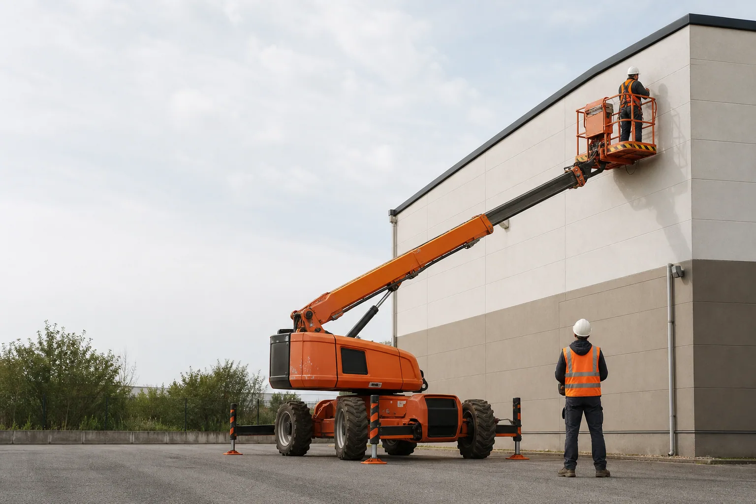 Une nacelle élévatrice orange intervient sur un bâtiment avec un technicien dans le panier et un opérateur au sol, dans le secteur de Beauvais.
