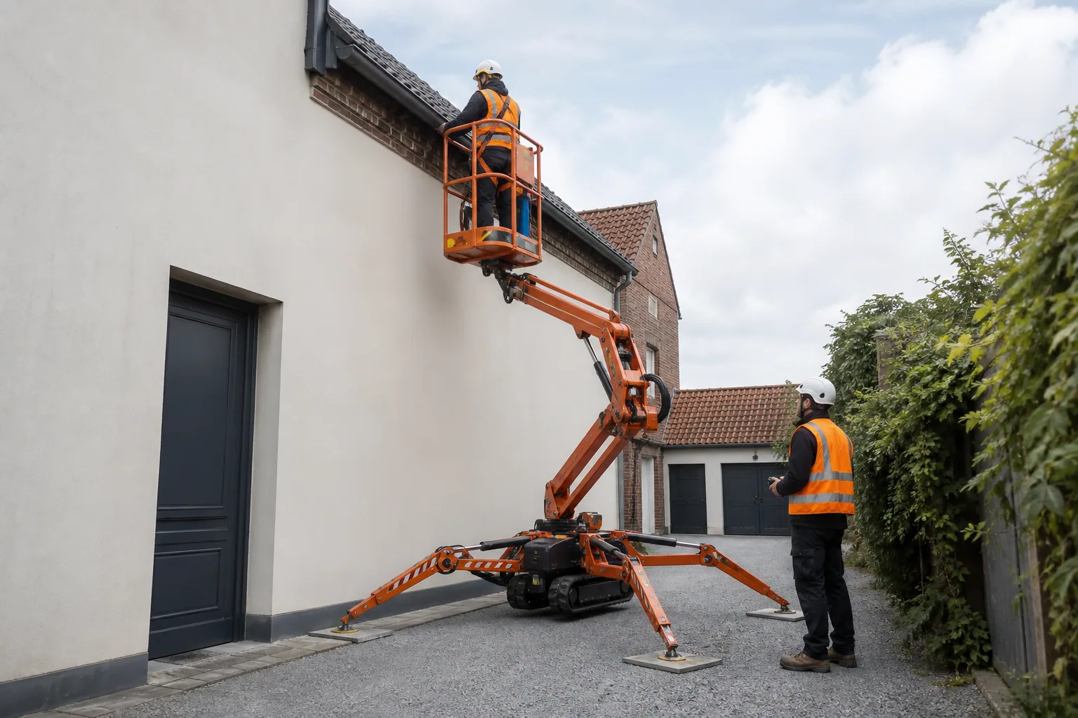 Une nacelle élévatrice orange intervient sur un bâtiment avec un technicien dans le panier et un opérateur au sol, dans le secteur de Béthune.