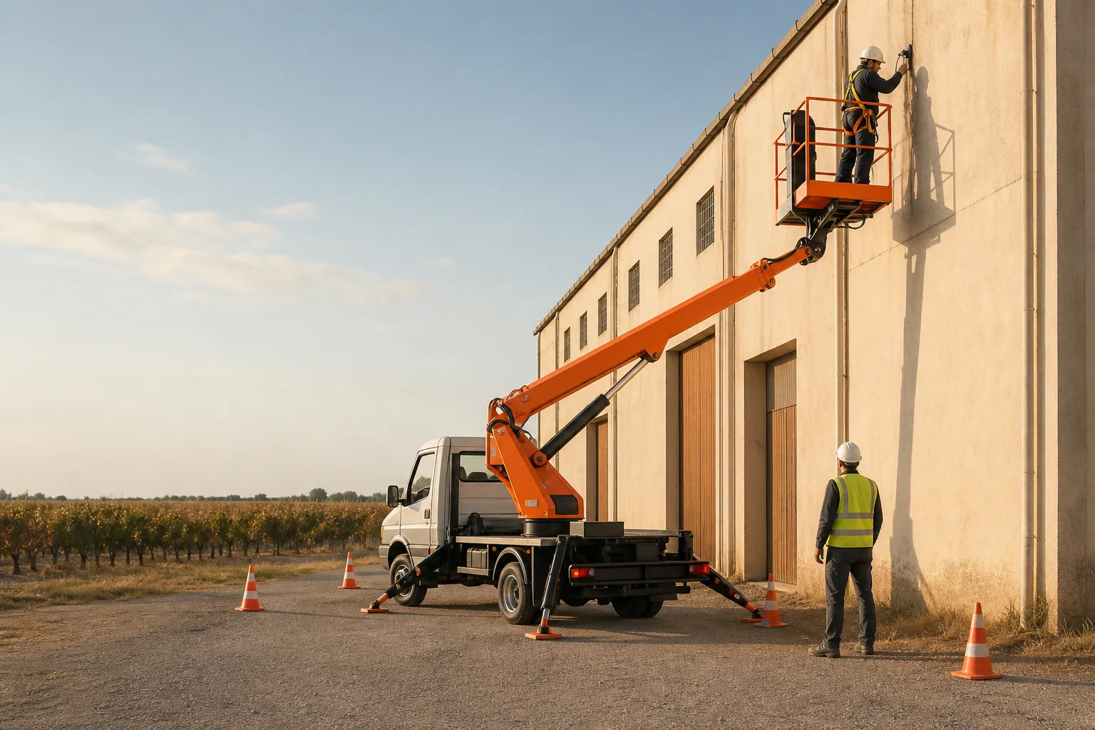 Une nacelle élévatrice orange intervient sur un bâtiment avec un technicien dans le panier et un opérateur au sol, dans le secteur de Béziers.