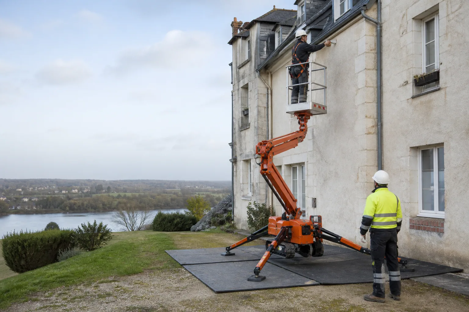 Une nacelle élévatrice orange intervient sur un bâtiment avec un technicien dans le panier et un opérateur au sol, dans le secteur de Blois.