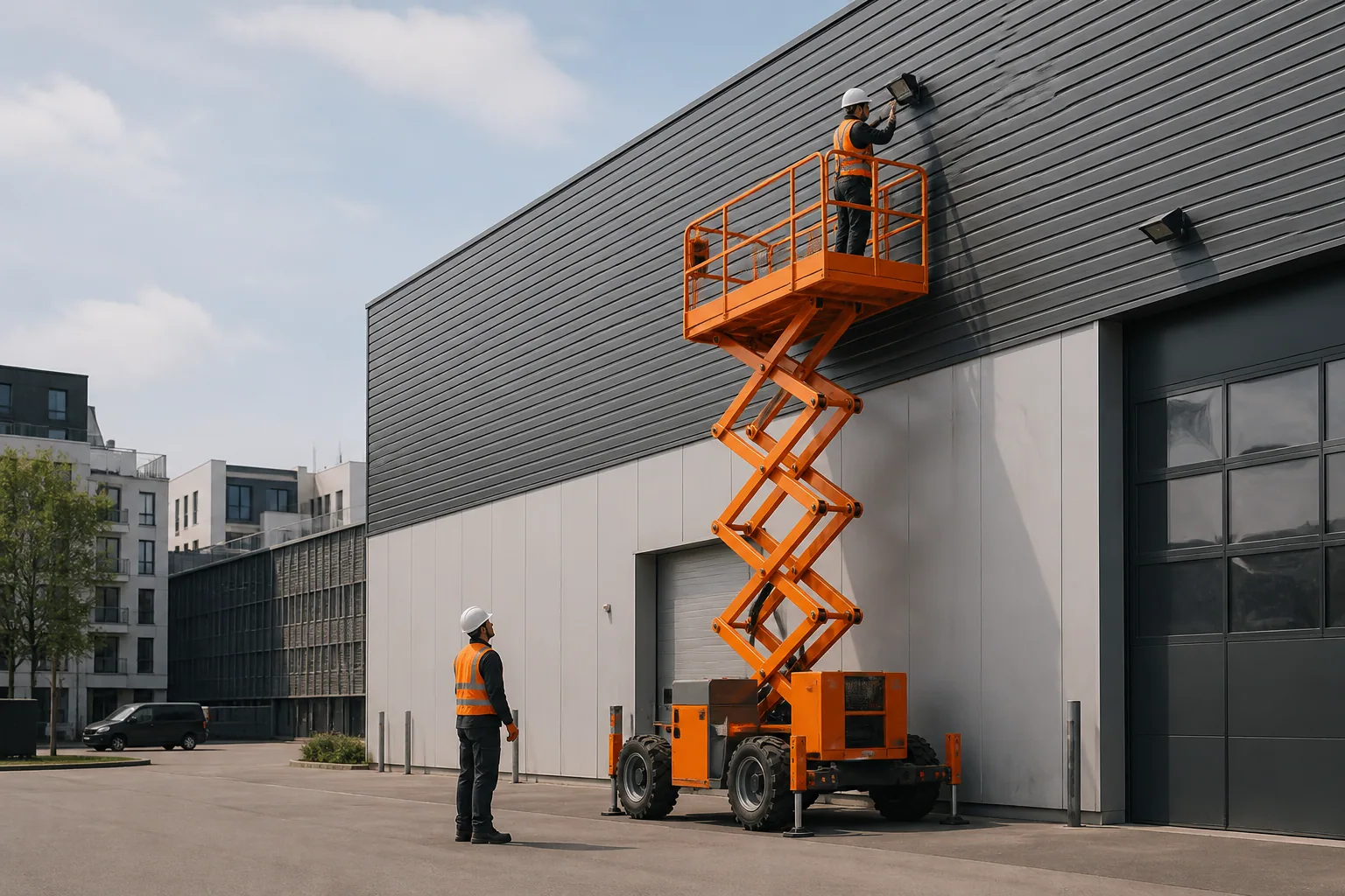 Une nacelle élévatrice orange intervient sur un bâtiment avec un technicien dans le panier et un opérateur au sol, dans le secteur de Boulogne-Billancourt.