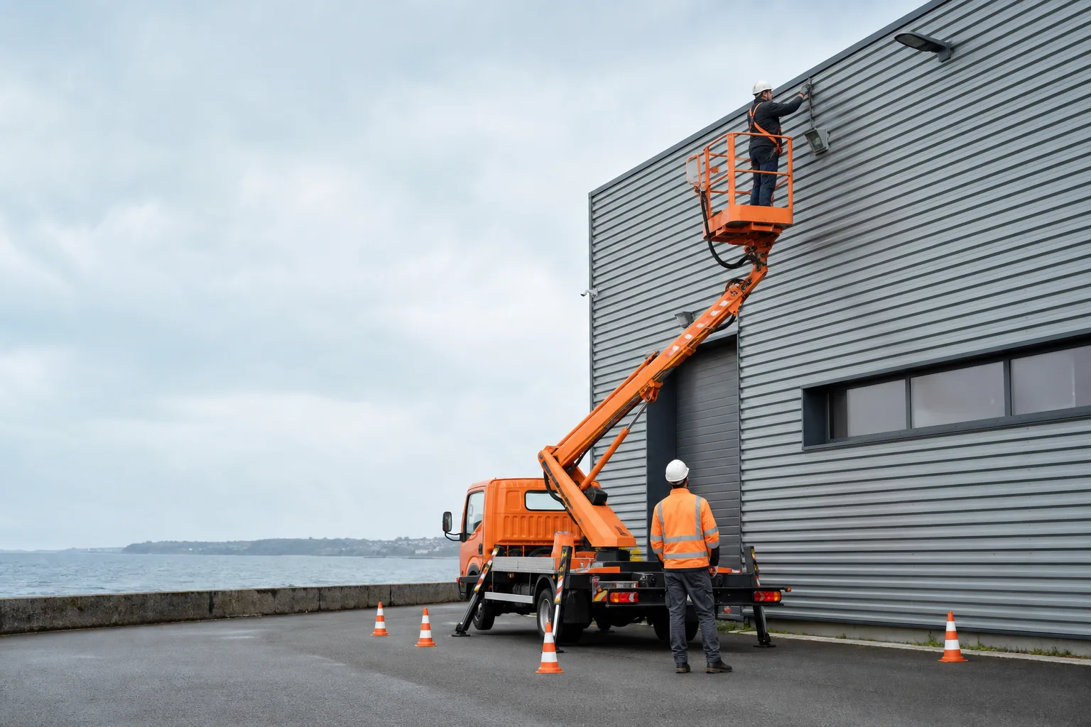 Une nacelle élévatrice orange intervient sur un bâtiment avec un technicien dans le panier et un opérateur au sol, dans le secteur de Brest.
