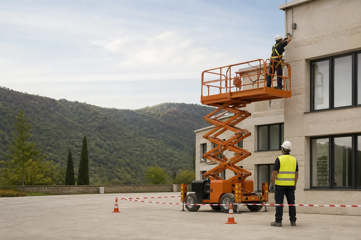 Une nacelle élévatrice orange intervient sur un bâtiment avec un technicien dans le panier et un opérateur au sol, dans le secteur de Cahors.