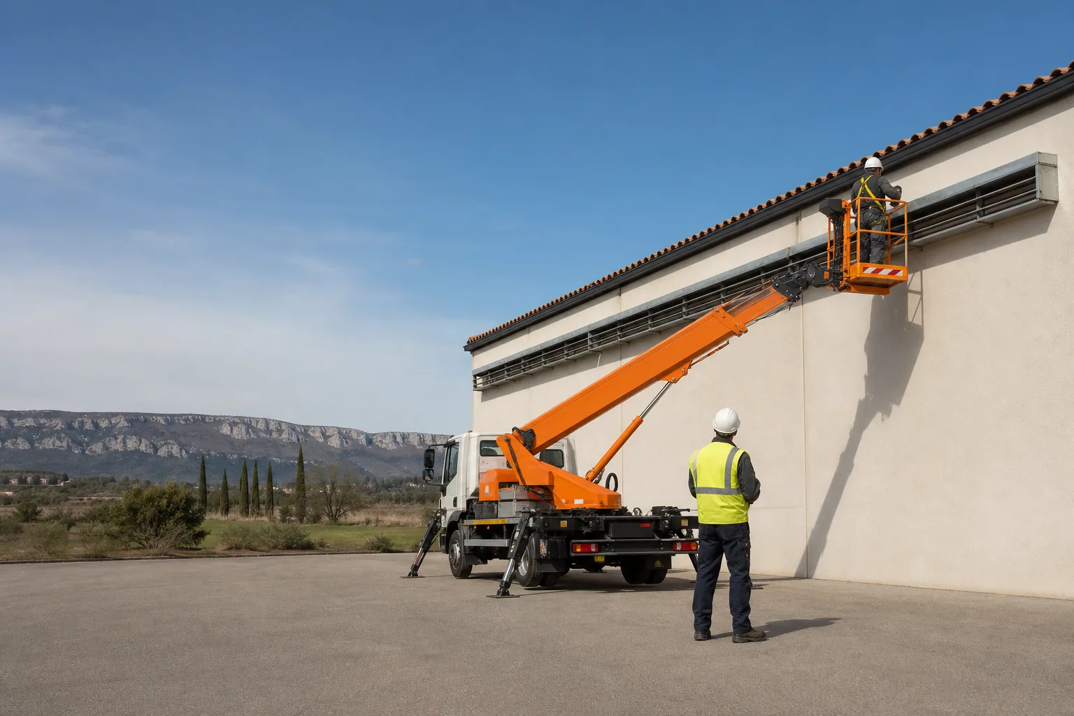 Une nacelle élévatrice orange intervient sur un bâtiment avec un technicien dans le panier et un opérateur au sol, dans le secteur de Carpentras.