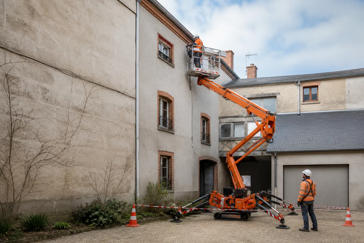 Une nacelle élévatrice orange intervient sur un bâtiment avec un technicien dans le panier et un opérateur au sol, dans le secteur de Châlons-en-Champagne.