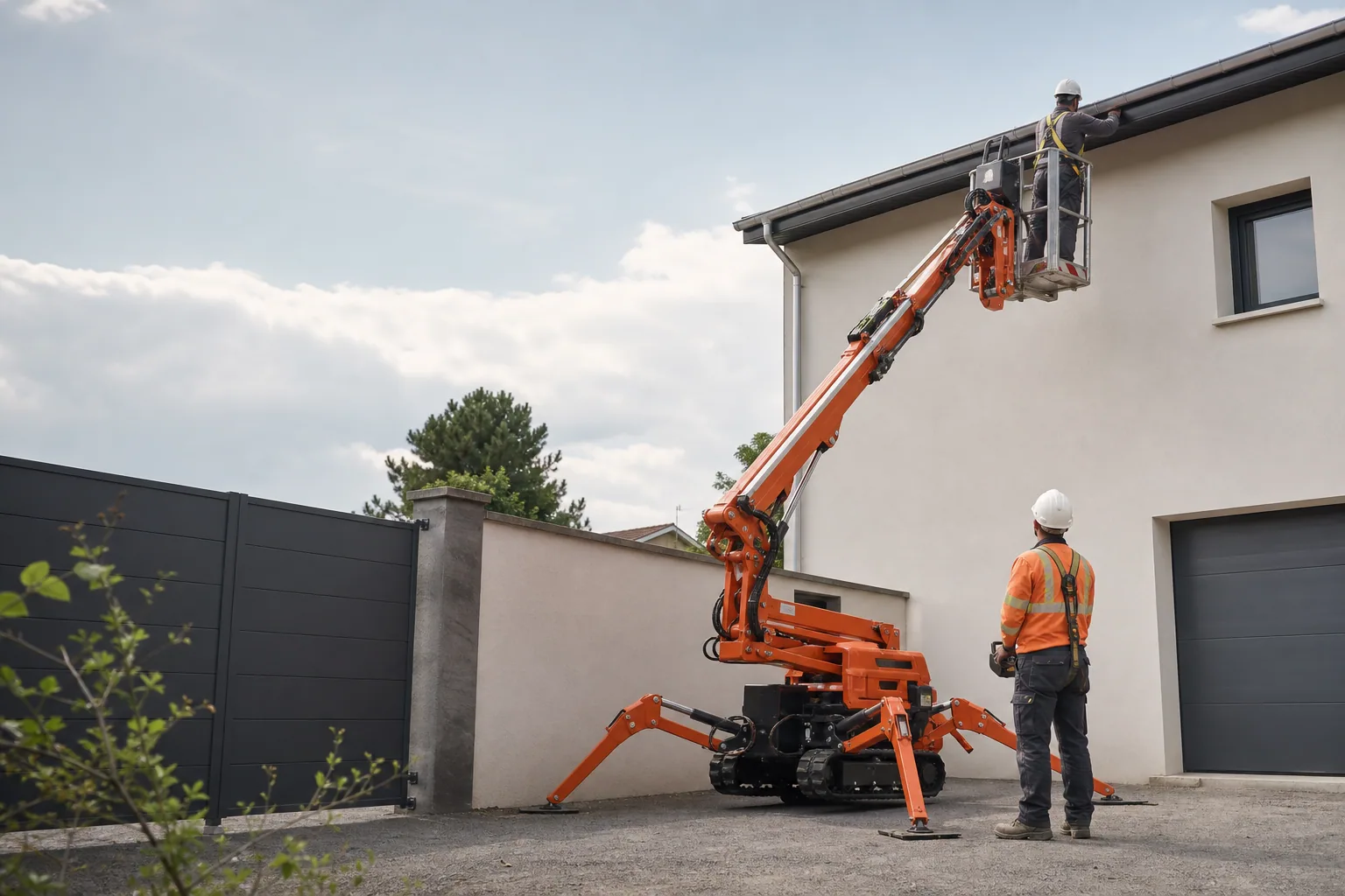 Une nacelle élévatrice orange intervient sur un bâtiment avec un technicien dans le panier et un opérateur au sol, dans le secteur de Clermont-Ferrand.