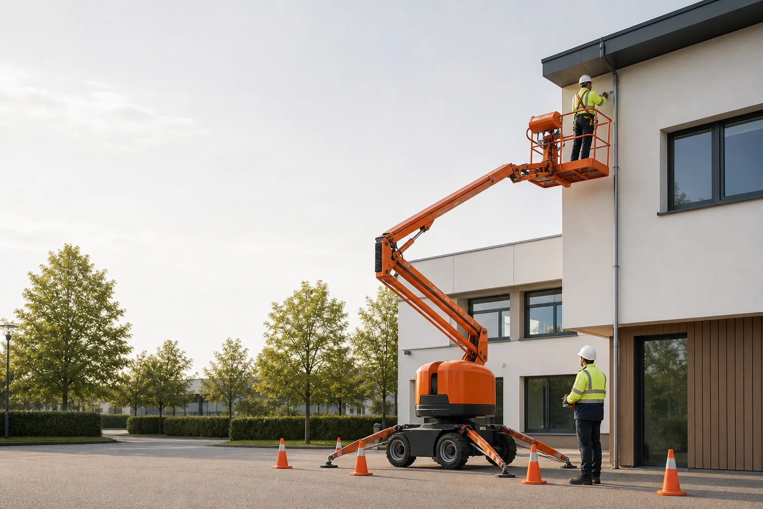 Une nacelle élévatrice orange intervient sur un bâtiment avec un technicien dans le panier et un opérateur au sol, dans le secteur de Compiègne.