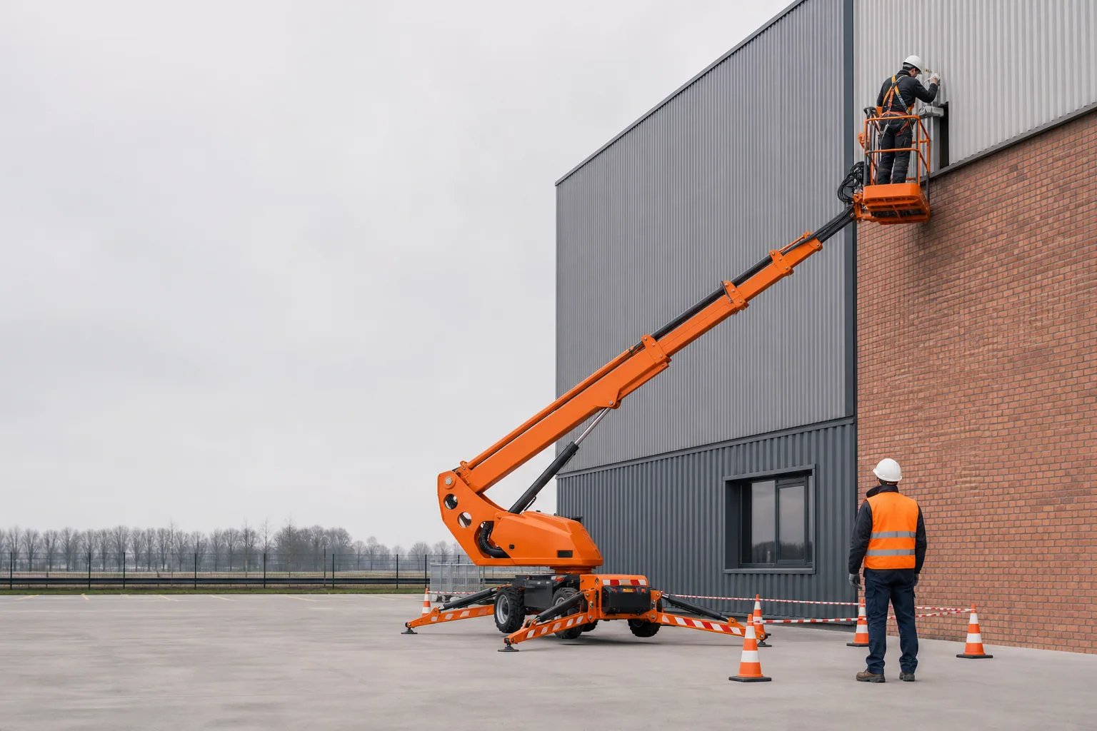 Une nacelle élévatrice orange intervient sur un bâtiment avec un technicien dans le panier et un opérateur au sol, dans le secteur de Creil.