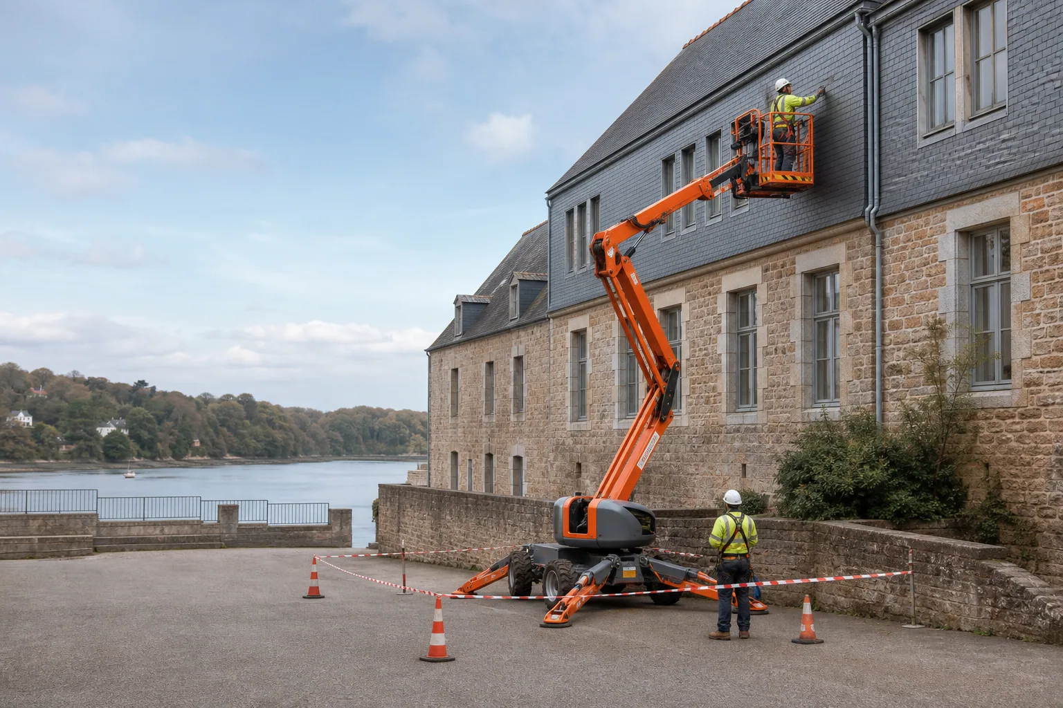 Une nacelle élévatrice orange intervient sur un bâtiment avec un technicien dans le panier et un opérateur au sol, dans le secteur de Dinan.