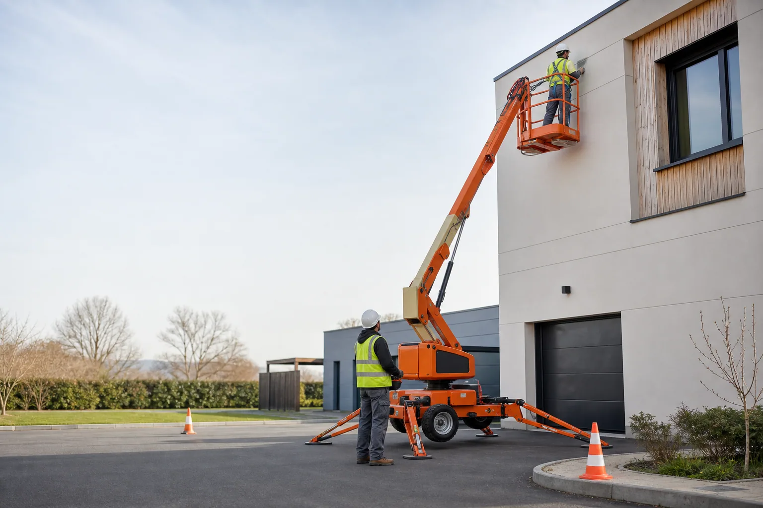 Une nacelle élévatrice orange intervient sur un bâtiment avec un technicien dans le panier et un opérateur au sol, dans le secteur de Dreux.