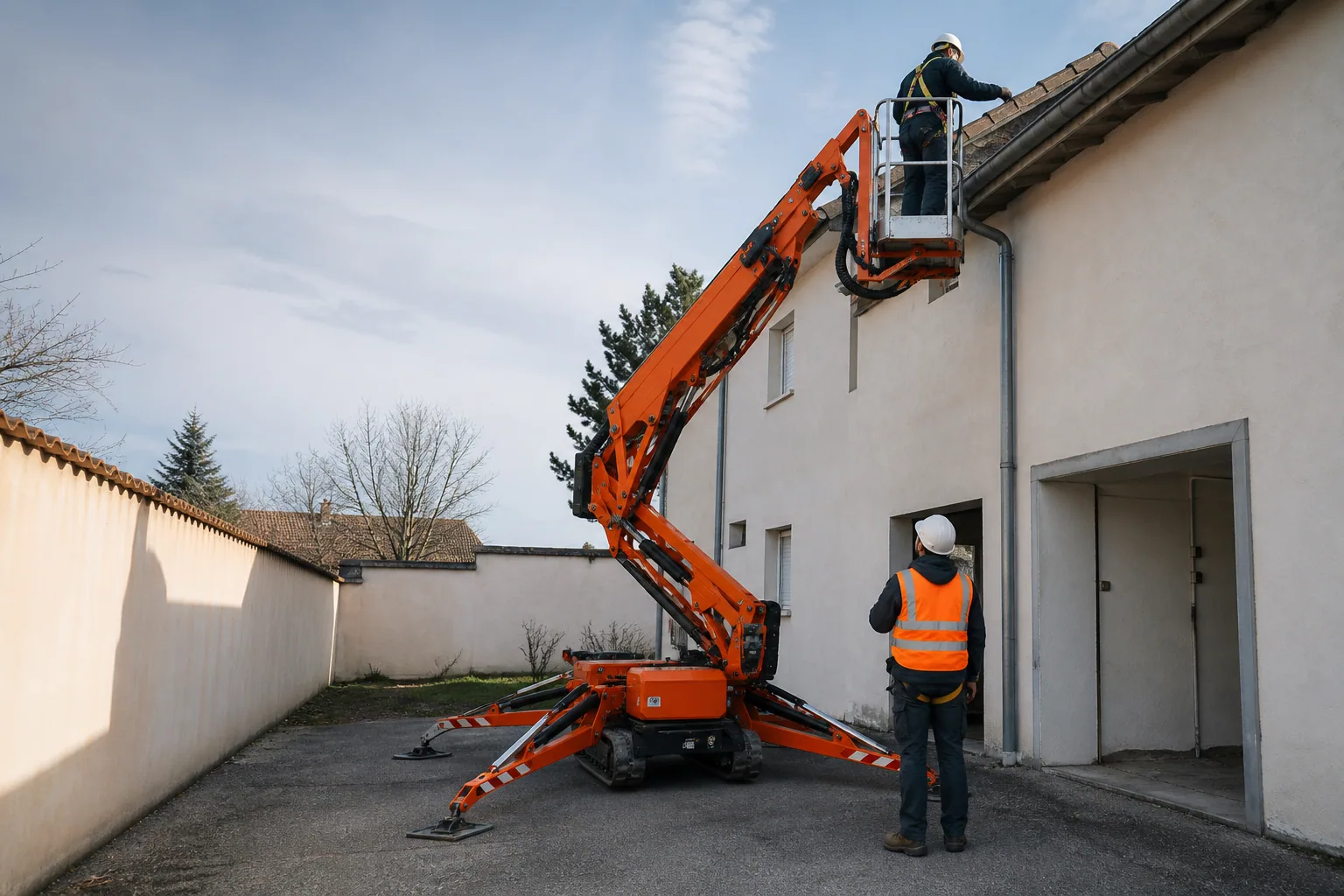 Une nacelle élévatrice orange intervient sur un bâtiment avec un technicien dans le panier et un opérateur au sol, dans le secteur de Forbach.