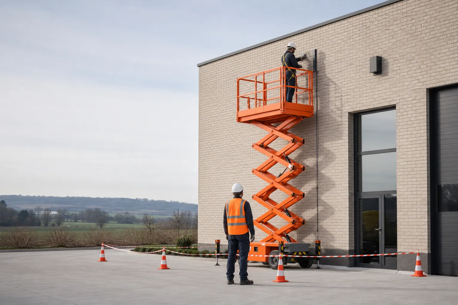 Une nacelle élévatrice orange intervient sur un bâtiment avec un technicien dans le panier et un opérateur au sol, dans le secteur de Laon.