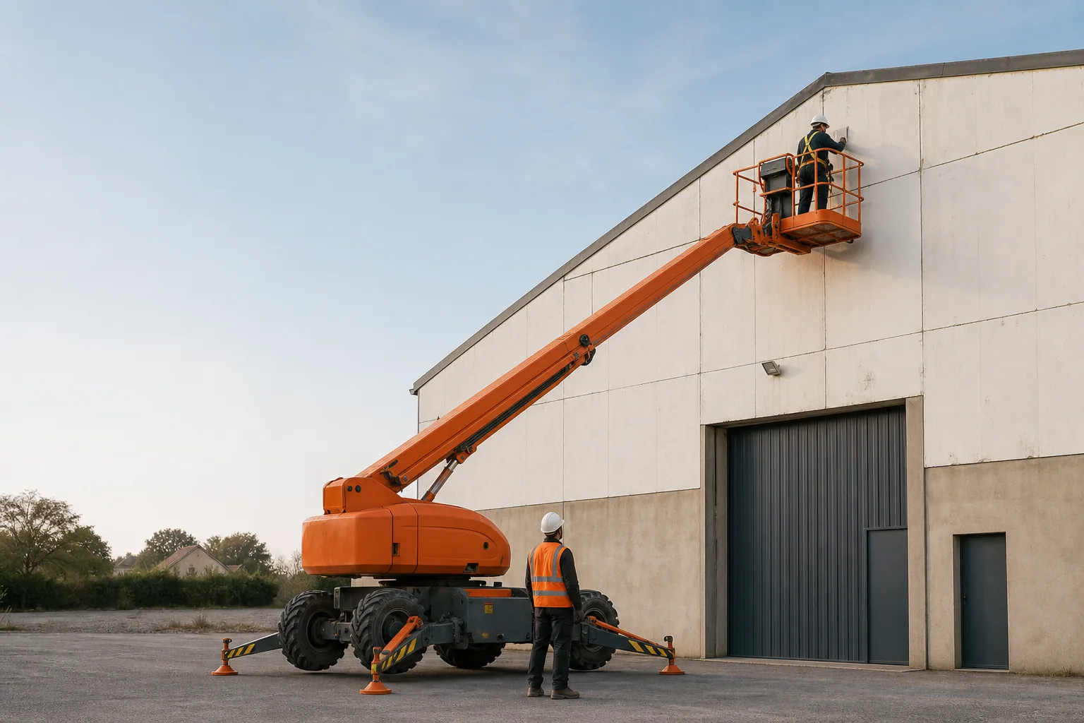 Une nacelle élévatrice orange intervient sur un bâtiment avec un technicien dans le panier et un opérateur au sol, dans le secteur de Les Sables-d'Olonne.