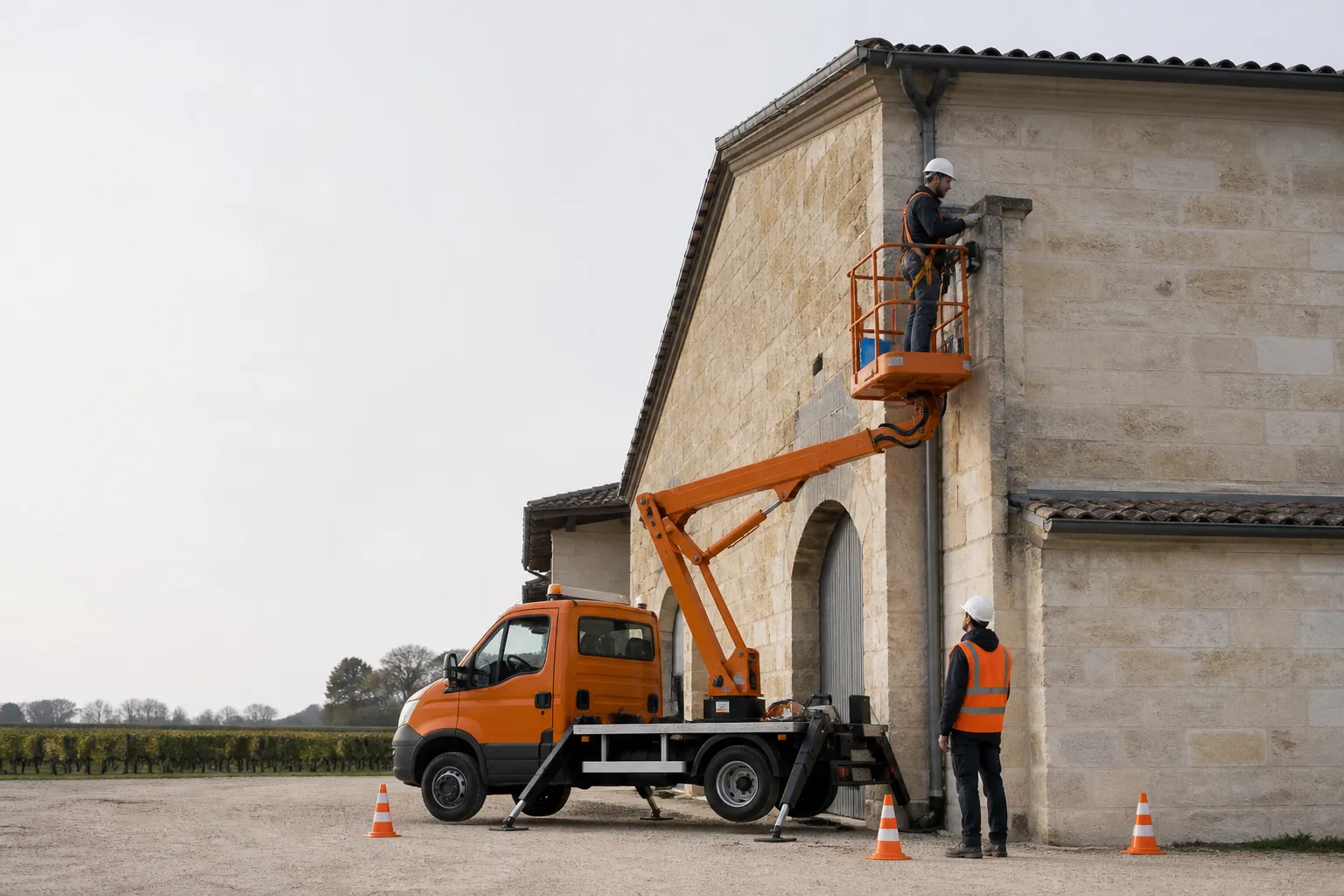 Une nacelle élévatrice orange intervient sur un bâtiment avec un technicien dans le panier et un opérateur au sol, dans le secteur de Libourne.