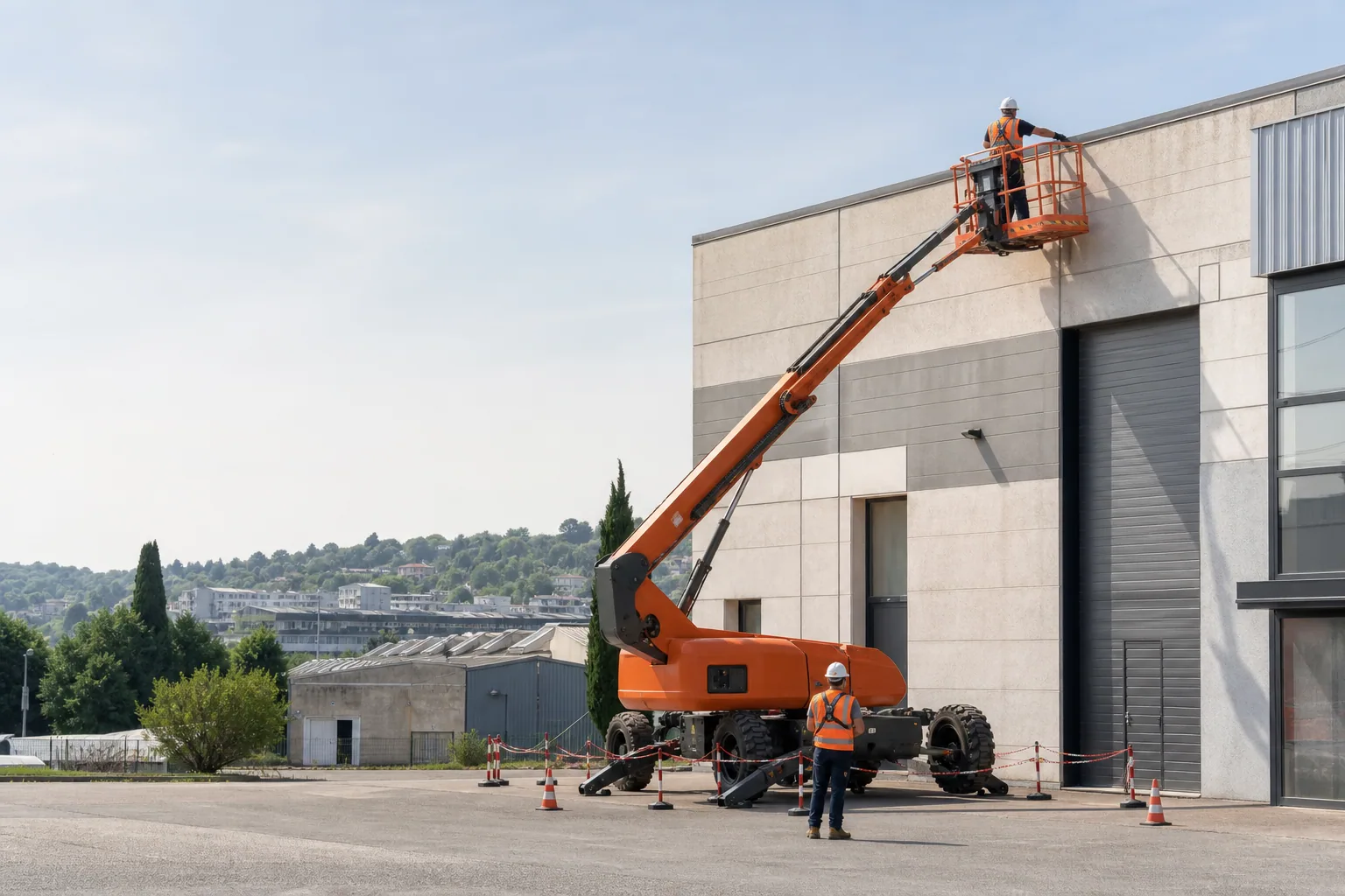 Une nacelle élévatrice orange intervient sur un bâtiment avec un technicien dans le panier et un opérateur au sol, dans le secteur de Limoges.