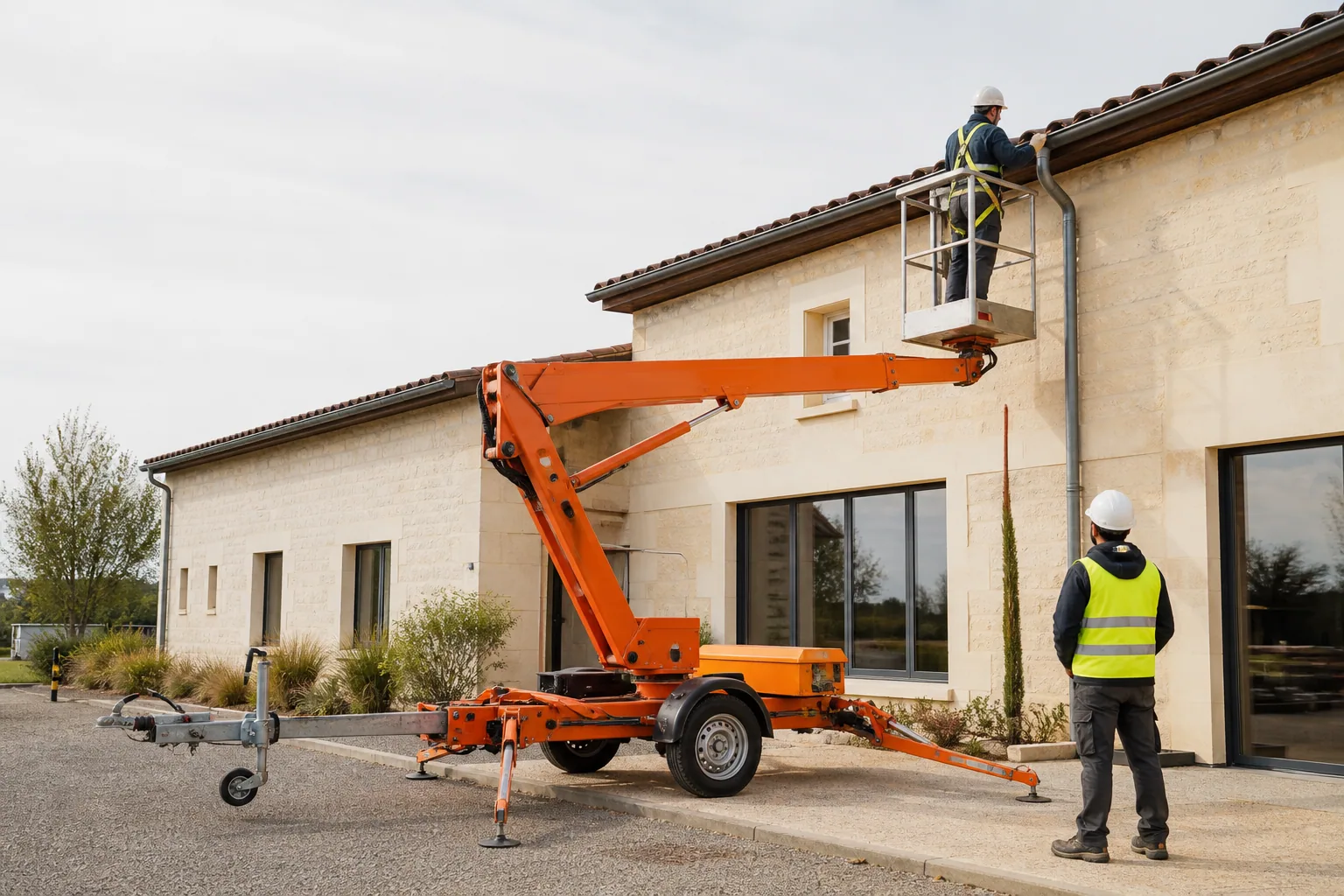 Une nacelle élévatrice orange intervient sur un bâtiment avec un technicien dans le panier et un opérateur au sol, dans le secteur de Mâcon.