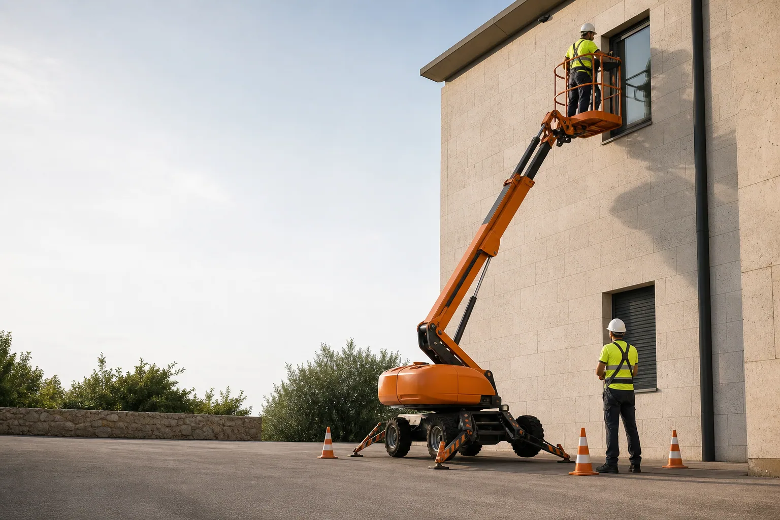 Une nacelle élévatrice orange intervient sur un bâtiment avec un technicien dans le panier et un opérateur au sol, dans le secteur de Marseille.