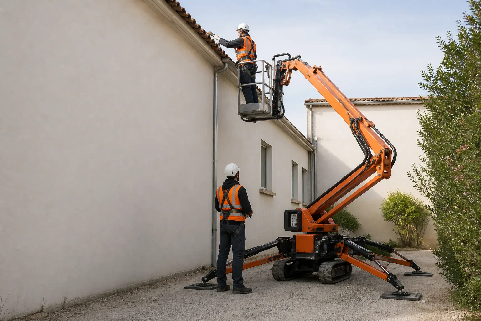 Une nacelle élévatrice orange intervient sur un bâtiment avec un technicien dans le panier et un opérateur au sol, dans le secteur de Martigues.