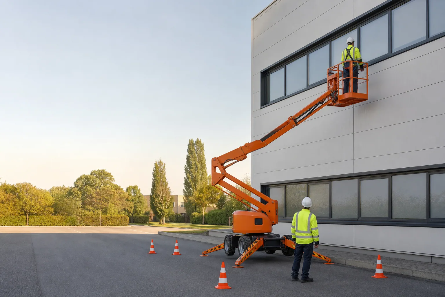 Une nacelle élévatrice orange intervient sur un bâtiment avec un technicien dans le panier et un opérateur au sol, dans le secteur de Melun.