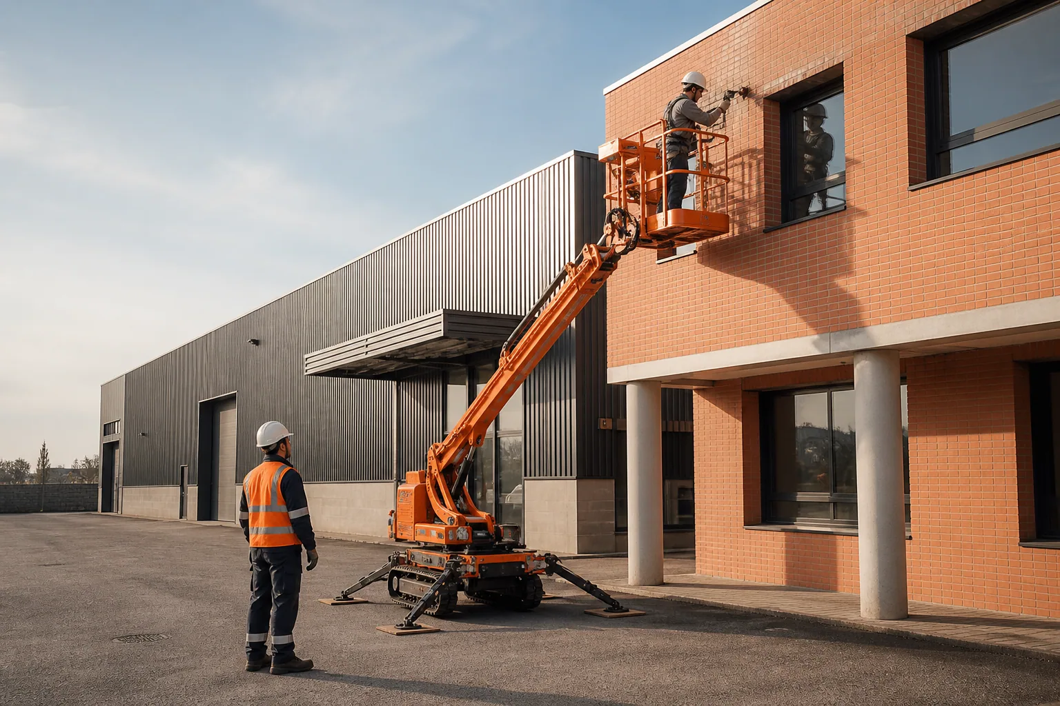 Une nacelle élévatrice orange intervient sur un bâtiment avec un technicien dans le panier et un opérateur au sol, dans le secteur de Montauban.