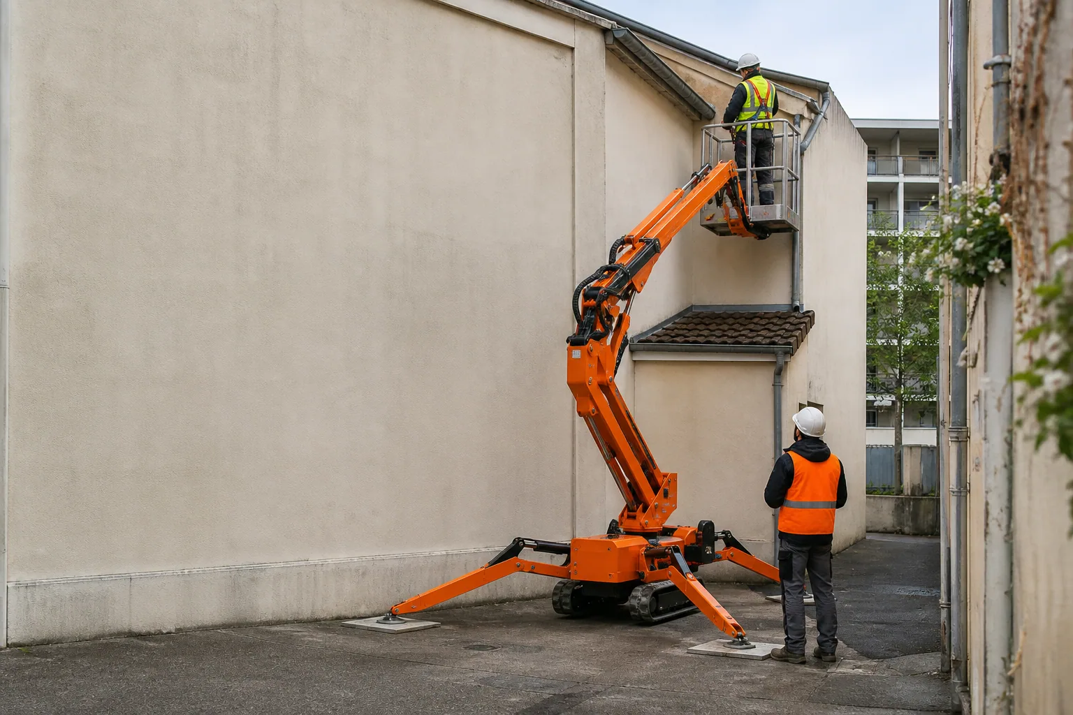 Une nacelle élévatrice orange intervient sur un bâtiment avec un technicien dans le panier et un opérateur au sol, dans le secteur de Nanterre.