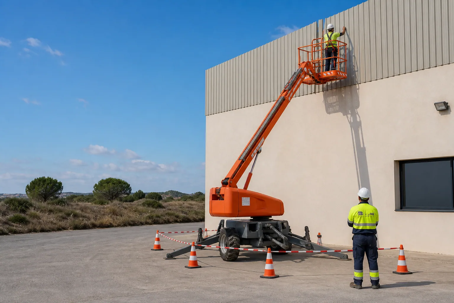 Une nacelle élévatrice orange intervient sur un bâtiment avec un technicien dans le panier et un opérateur au sol, dans le secteur de Narbonne.