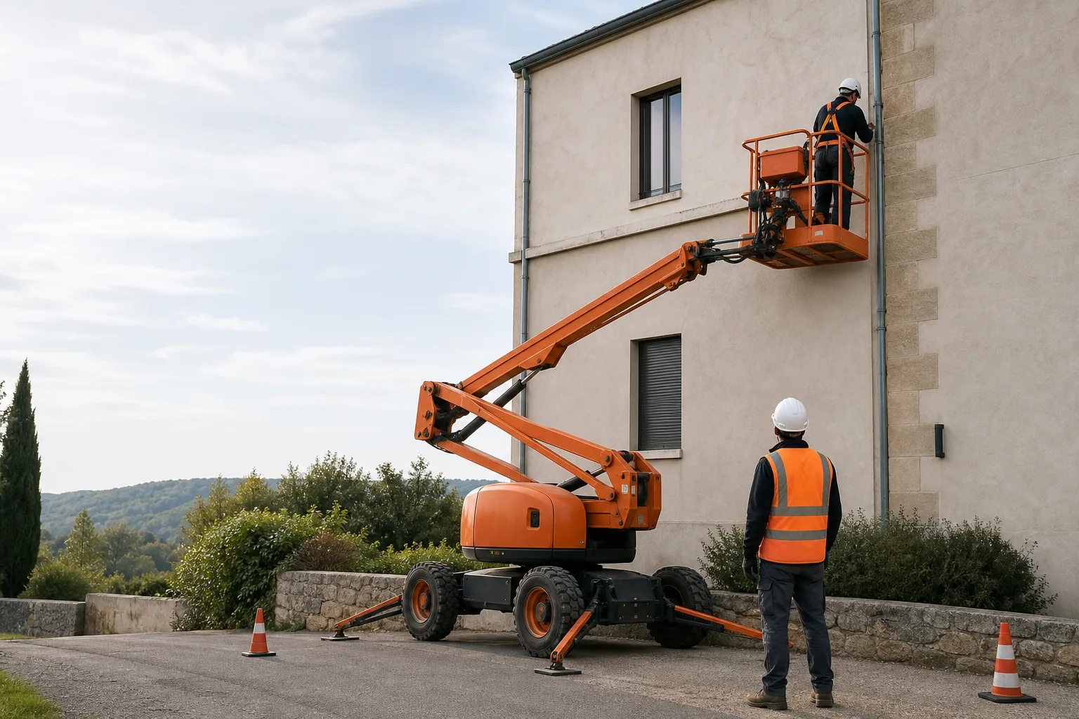 Une nacelle élévatrice orange intervient sur un bâtiment avec un technicien dans le panier et un opérateur au sol, dans le secteur de Périgueux.