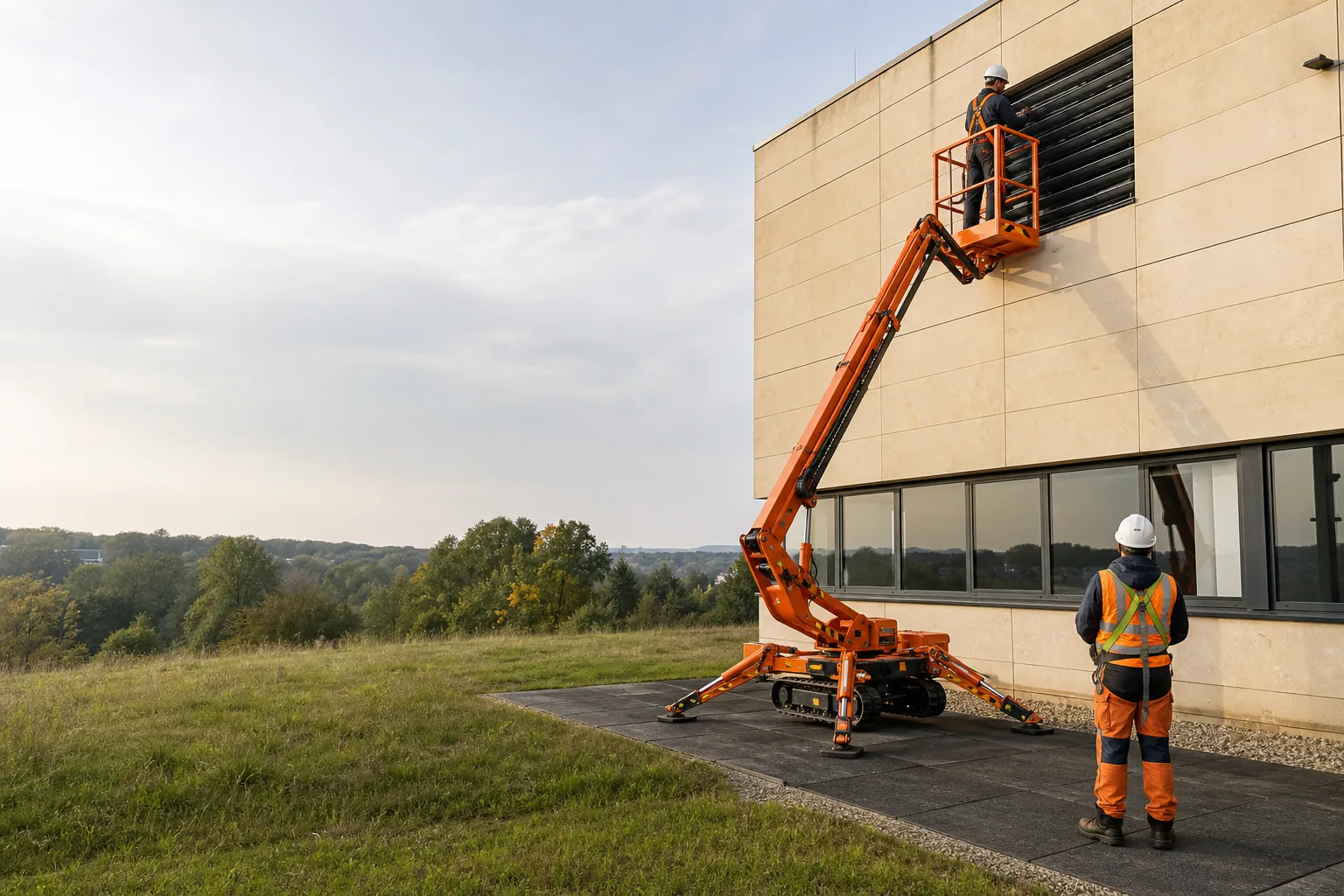 Une nacelle élévatrice orange intervient sur un bâtiment avec un technicien dans le panier et un opérateur au sol, dans le secteur de Poitiers.