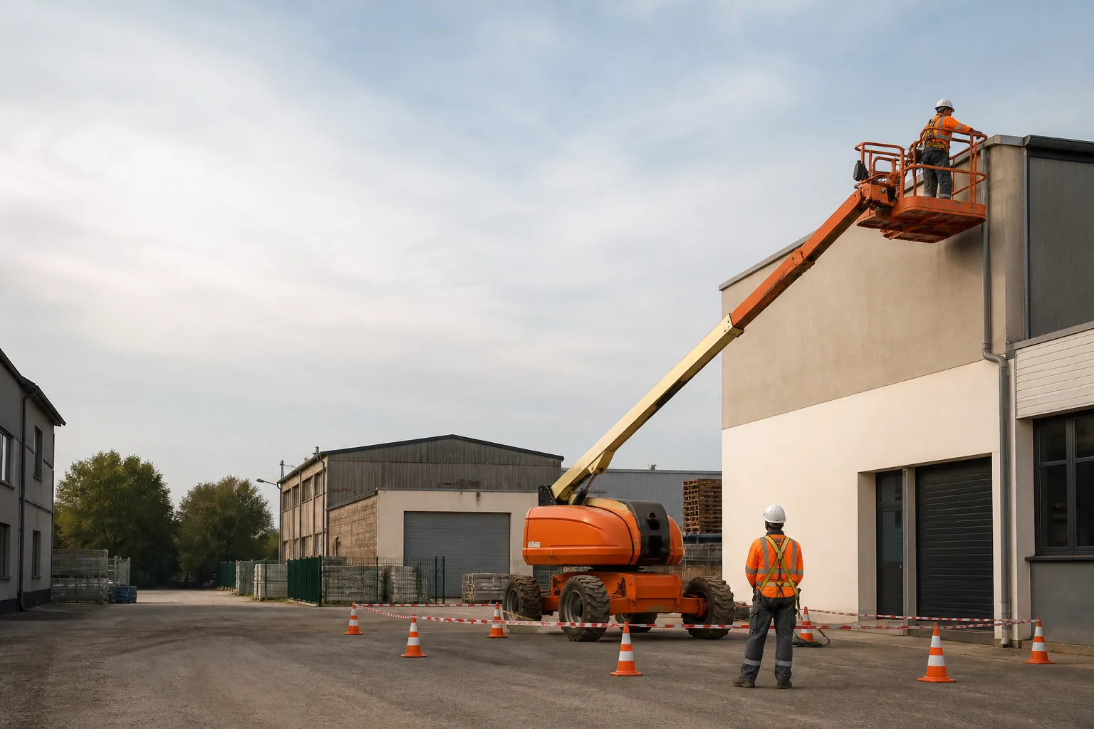 Une nacelle élévatrice orange intervient sur un bâtiment avec un technicien dans le panier et un opérateur au sol, dans le secteur de Reims.