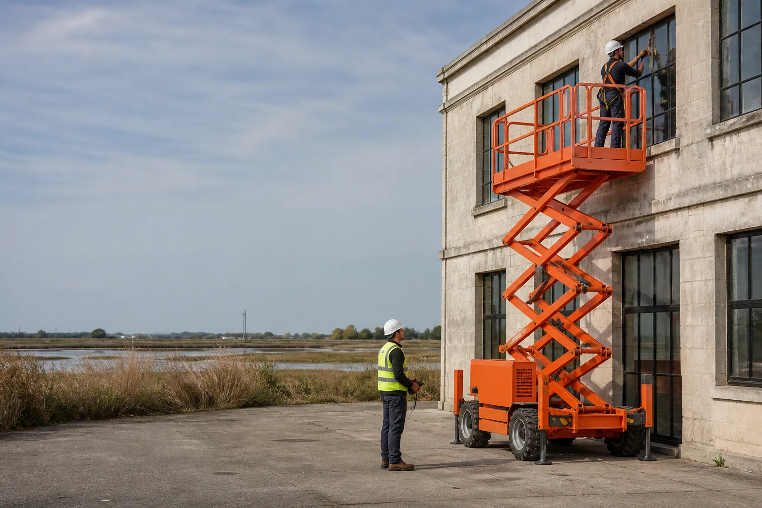 Une nacelle élévatrice orange intervient sur un bâtiment avec un technicien dans le panier et un opérateur au sol, dans le secteur de Rochefort.