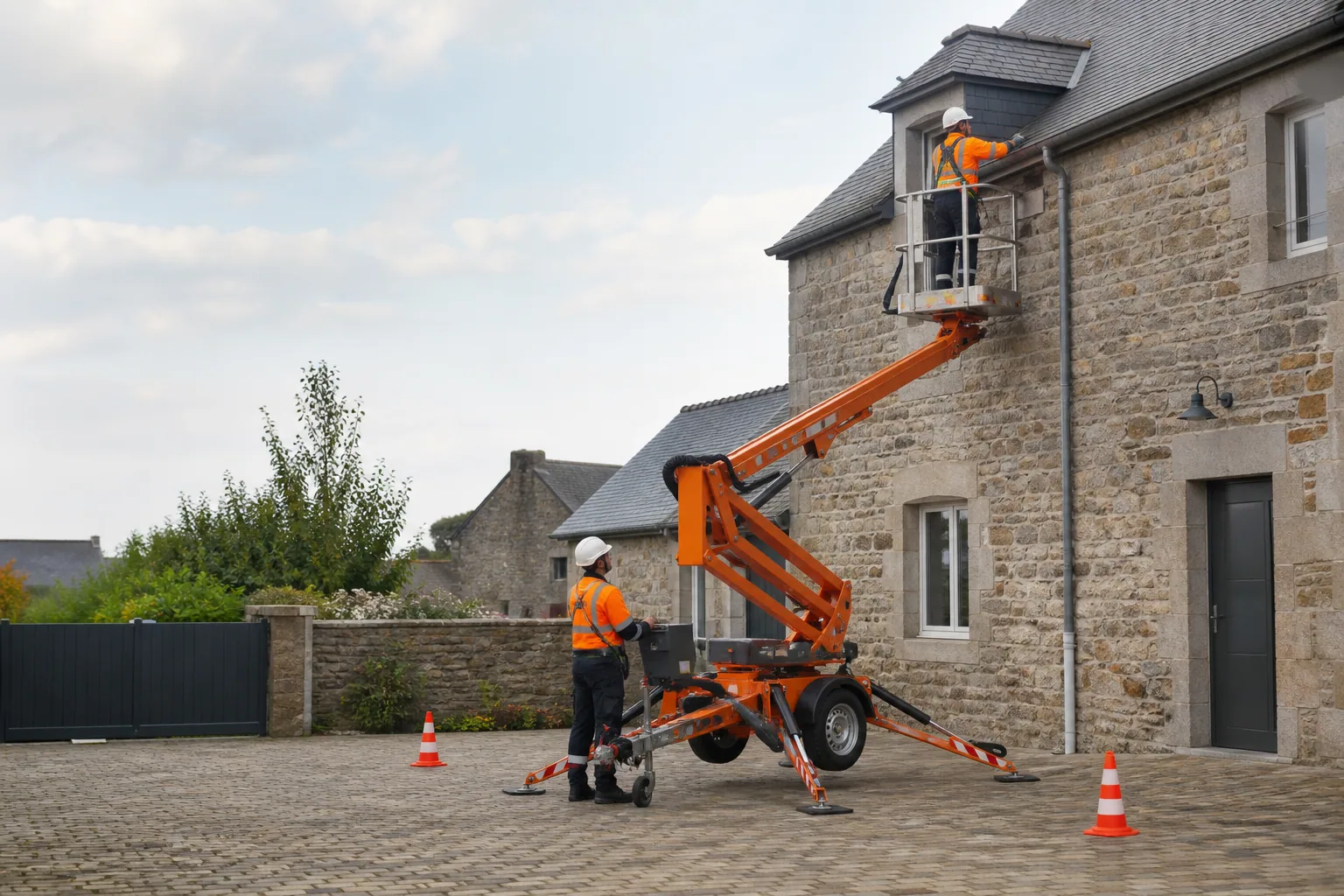 Une nacelle élévatrice orange intervient sur un bâtiment avec un technicien dans le panier et un opérateur au sol, dans le secteur de Saint-Brieuc.