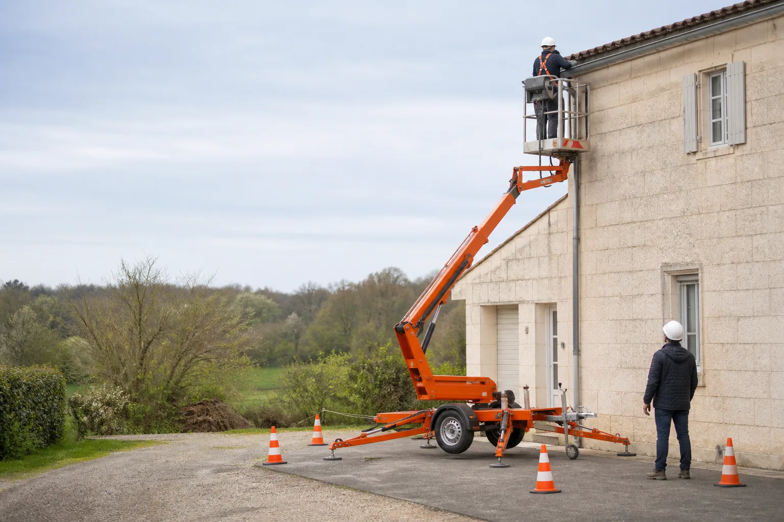 Une nacelle élévatrice orange intervient sur un bâtiment avec un technicien dans le panier et un opérateur au sol, dans le secteur de Saintes.