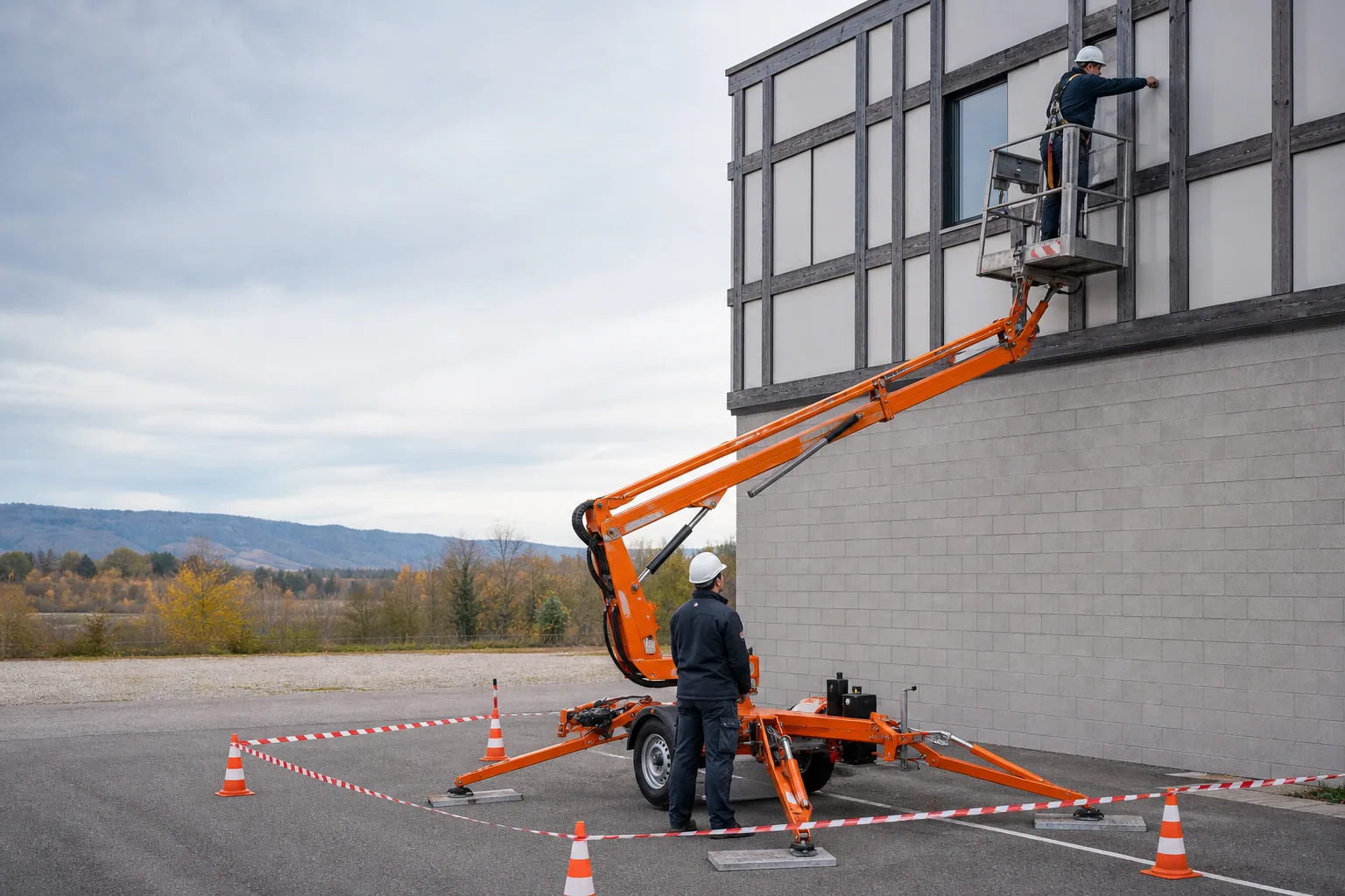 Une nacelle élévatrice orange intervient sur un bâtiment avec un technicien dans le panier et un opérateur au sol, dans le secteur de Sélestat.