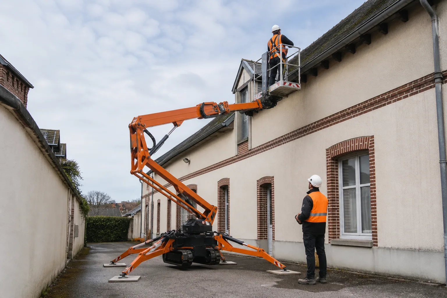 Une nacelle élévatrice orange intervient sur un bâtiment avec un technicien dans le panier et un opérateur au sol, dans le secteur de Soissons.