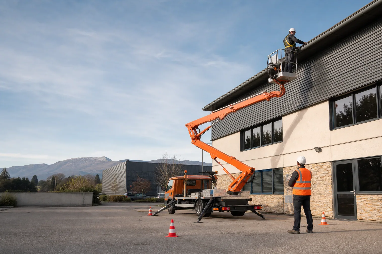 Une nacelle élévatrice orange intervient sur un bâtiment avec un technicien dans le panier et un opérateur au sol, dans le secteur de Valence.