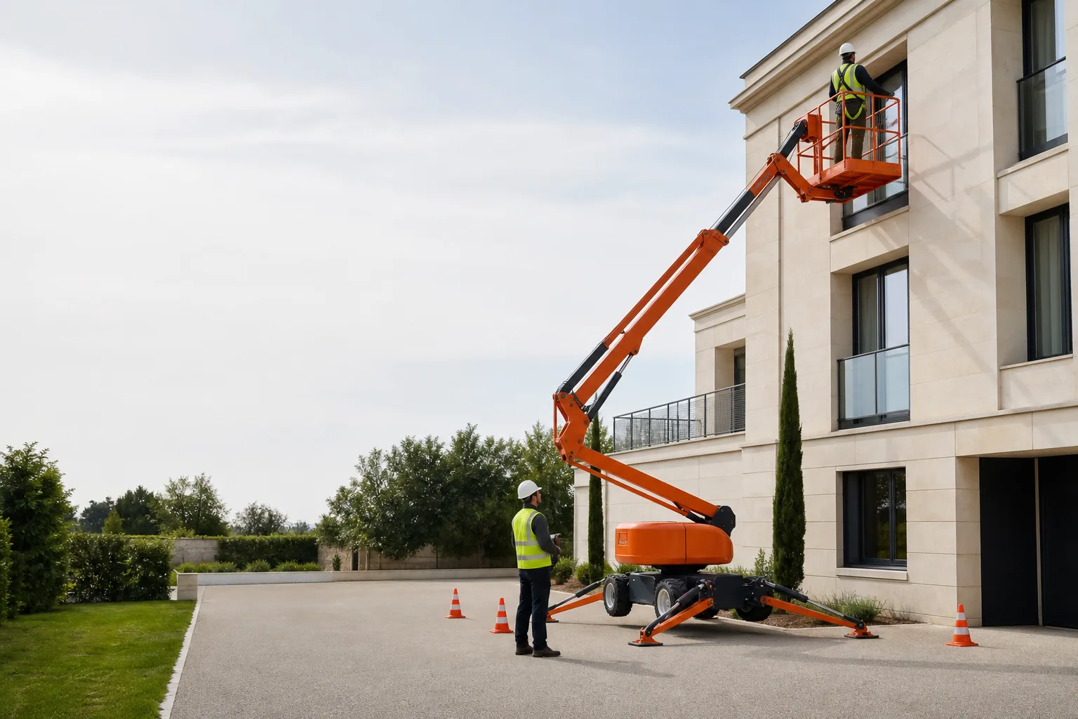 Une nacelle élévatrice orange intervient sur un bâtiment avec un technicien dans le panier et un opérateur au sol, dans le secteur de Versailles.